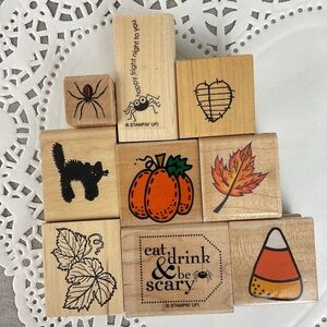 Vintage 9 Halloween themed rubber stamps black cat spider pumpkin leaves